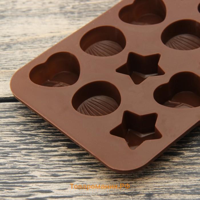 Форма для шоколада «Звёзды, ракушки, сердца», силикон, 20,6×10,3 см, 15 ячеек, цвет коричневый