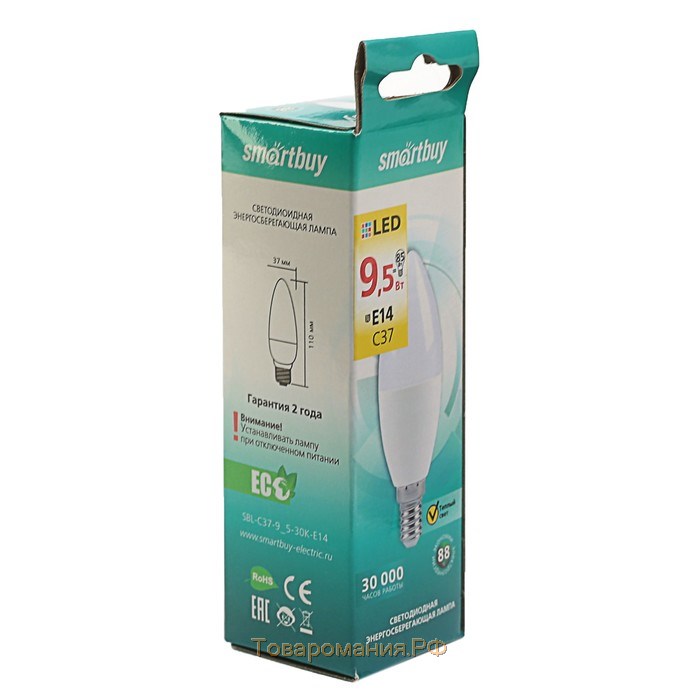 Лампа светодиодная Smartbuy, Е14, C37, 9.5 Вт, 3000 К, теплый белый свет