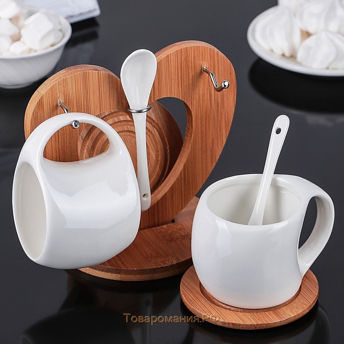 Набор чайный керамический на деревянной подставке «Эстет», 6 предметов: 2 чашки 200 мл, 2 подставки 9,5 см, 2 ложки, цвет белый