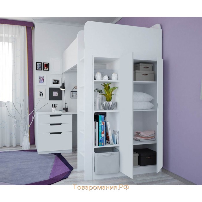 Кровать-чердак Polini kids Simple, с письменным столом и шкафом, цвет белый