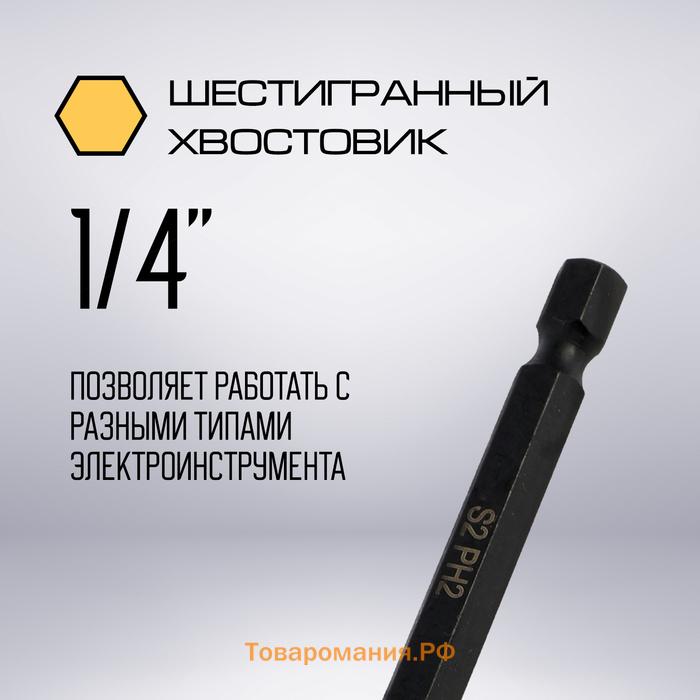 Бита ТУНДРА ПРОФИ, Torsion, сталь S2, PH2 х 90 мм, пластиковый кейс по 10 шт.