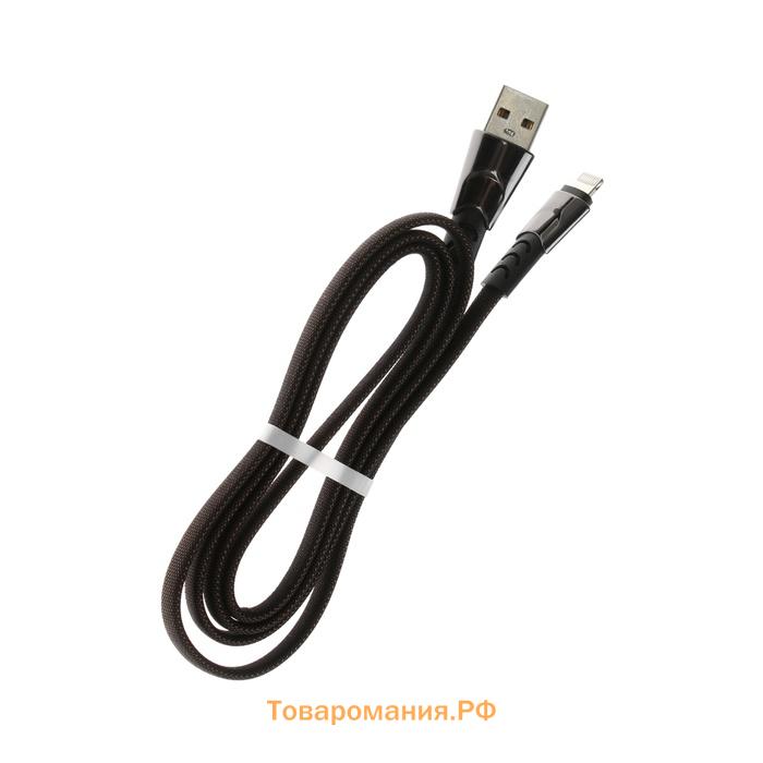 Кабель Lightning - USB, 2.4 А, оплётка ткань, плоский, 1 метр, чёрный