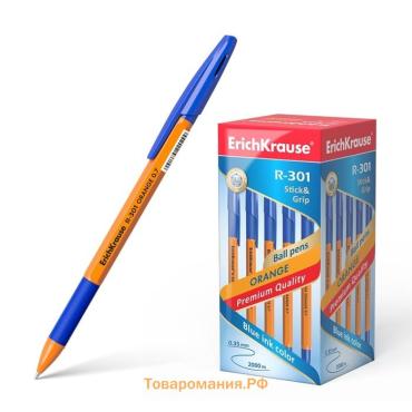 Ручка шариковая ErichKrause R-301 Orange Stick & Grip, узел 0.7 мм, чернила синие, резиновый держатель, длина линии письма 2000 метров