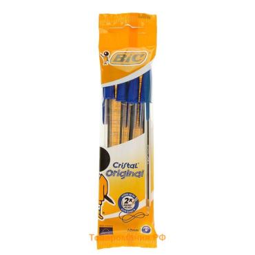 Набор ручек шариковых, 4 штуки, BIC "Cristal Original" узел 1.0 мм, среднее письмо, синие чернила, прозрачный корпус