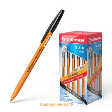 Ручка шариковая ErichKrause R-301 Orange Stick, узел 0.7 мм, чернила чёрные, длина линии письма 2000 метров, штрихкод на ручке