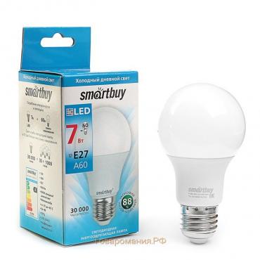 Лампа светодиодная Smartbuy, E27, А60, 7 Вт, 6000 К, холодный белый свет