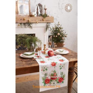 Дорожка на стол новогодняя Christmas red flowers 40×147 см, 100% хлопок, саржа 190г/м², белая