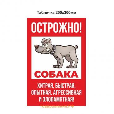 Табличка «Осторожно собака» хитрая 200×300, клейкая основа, цвет красно-белый