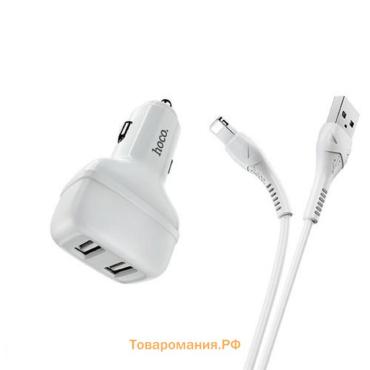 Автомобильное зарядное устройство Hoco Z36, 2 USB - 2.4 А, кабель Lightning 1 м, белый